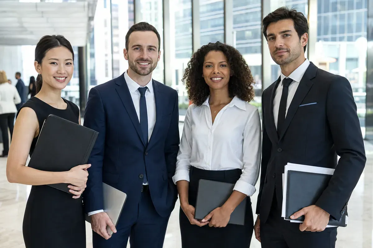 Team mit Ordnern in einer Bürolobby