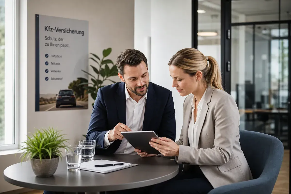 Beratungsgespräch zu Versicherungsbedingungen mit Tablet