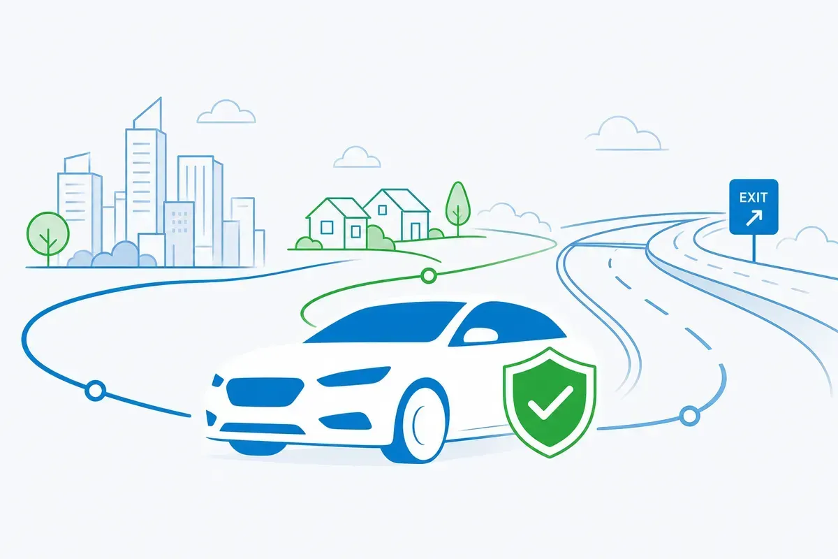 Grafische Darstellung eines Fahrzeugs mit Schutzsymbol und Routenlinien